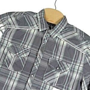 BKE Shirt Mens L Gray Plaid Pearl Snap  Tailored Fit Long Sleeve Roll Tab Sleeve